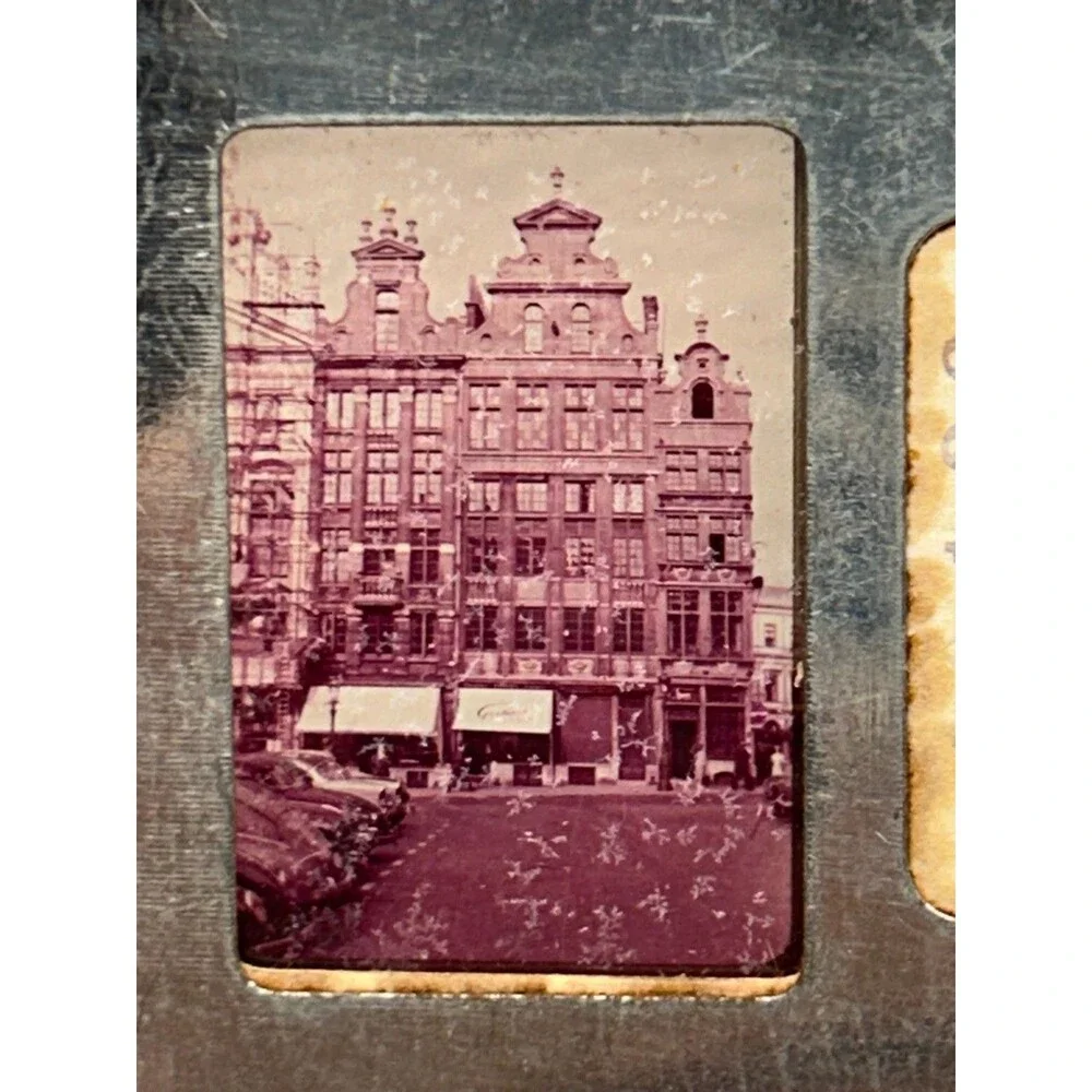 Vtg Stop Color Tin And Glass 5 Lantern Slides Brussels Buldings Made In Belgium